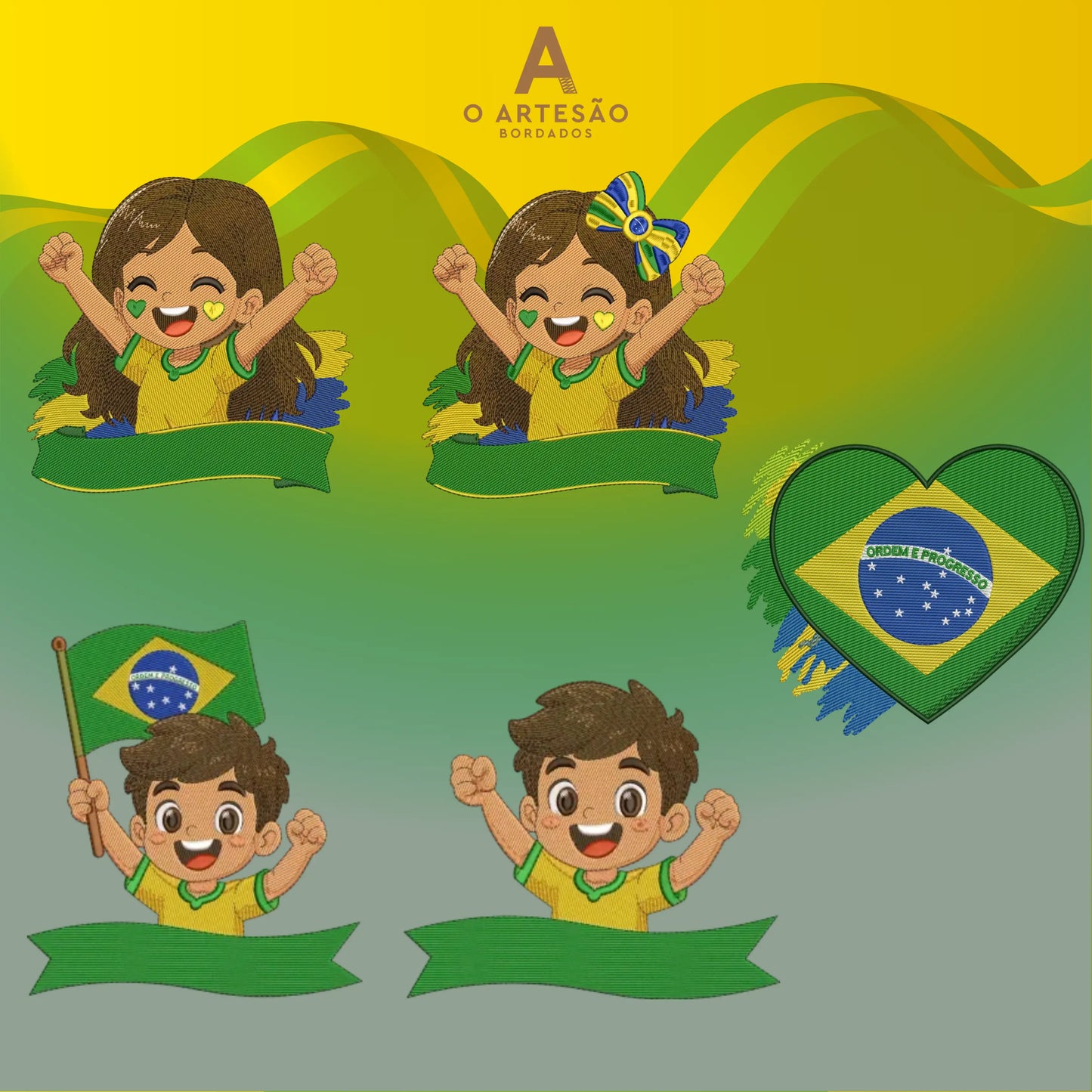Matrizes de Bordado Coleção Torcedores do Brasil com fundo Verde e Amarelo.