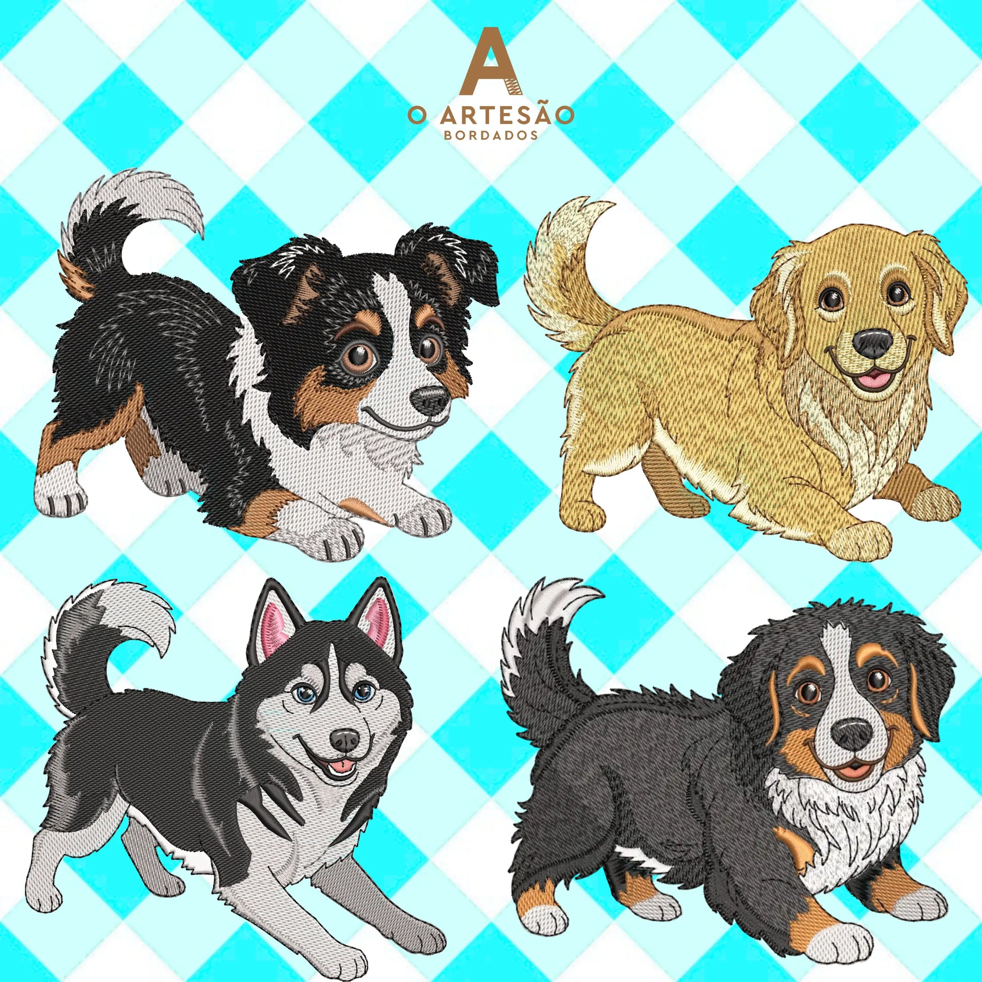 Matrizes de Bordado Pacote Grandões Peludos Puxando Pano com Fundo Xadrez Azul Água.