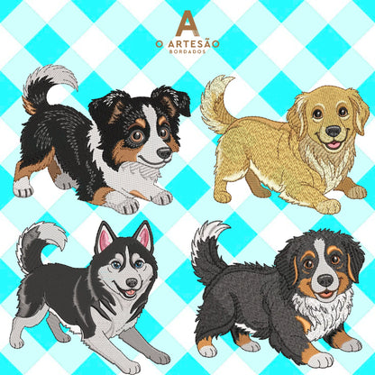 Matrizes de Bordado Pacote Grandões Peludos Puxando Pano com Fundo Xadrez Azul Água.