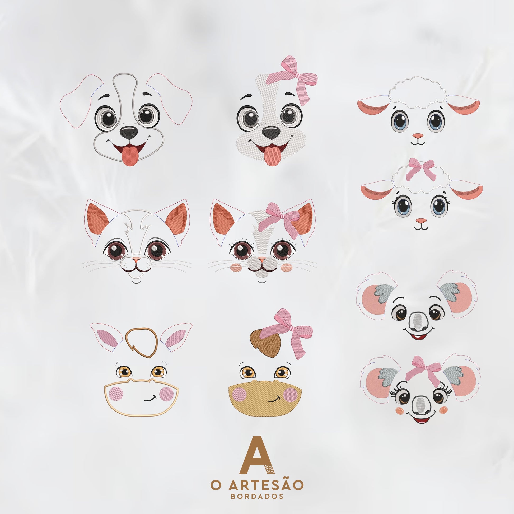  Matrizes de ordado Coleção Amiguinhos Peludos Rostinhos Lúdicos com Fundo Cinza Simples