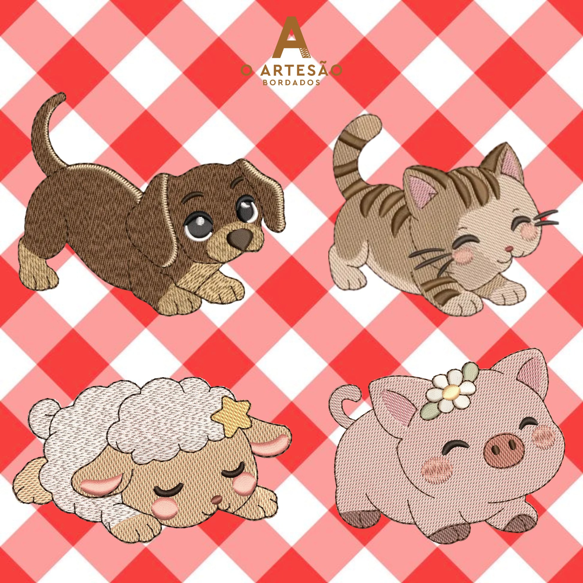 Matrizes de Bordado Coleção Interativa Puxa Pano com Fundo Xadrex Vermelho