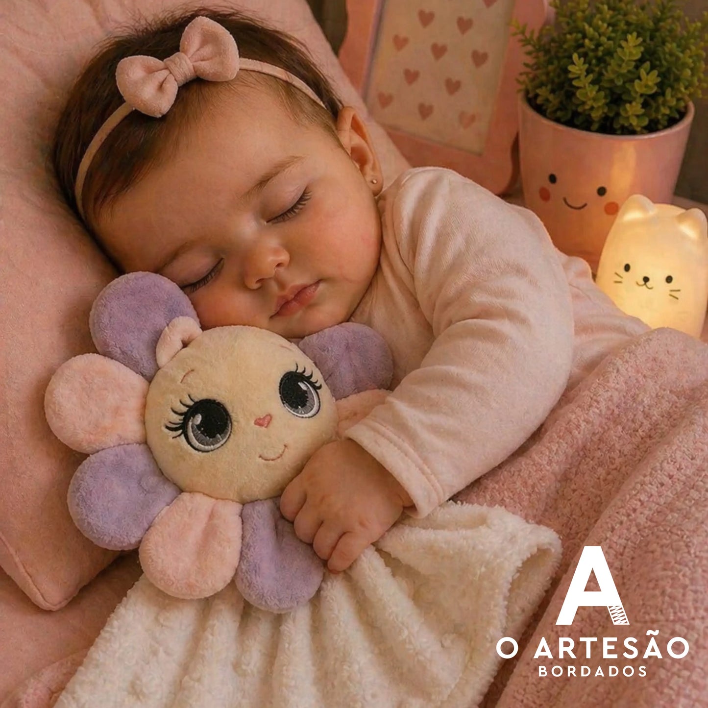 Matriz de bordado naninha florzinha lilás abraçada por bebê dormindo em berço cor-de-rosa