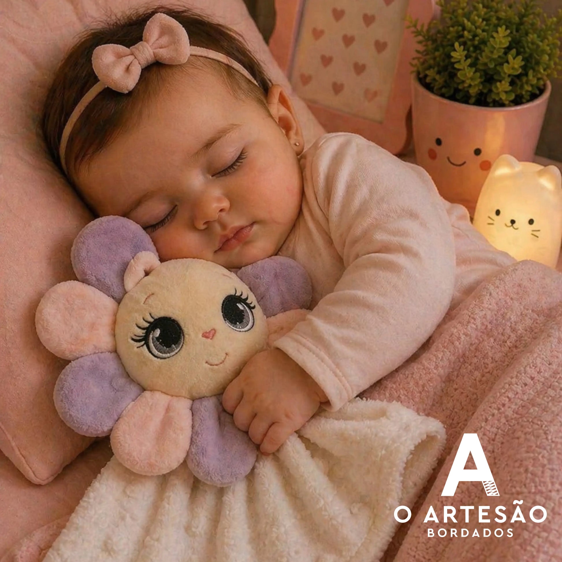 Matriz de bordado naninha florzinha lilás abraçada por bebê dormindo em berço cor-de-rosa