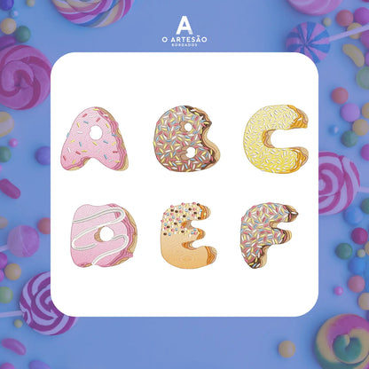 Pacote de Matrizes de Bordado Alfabeto Confeitaria A B C D E F em fundo de doces
