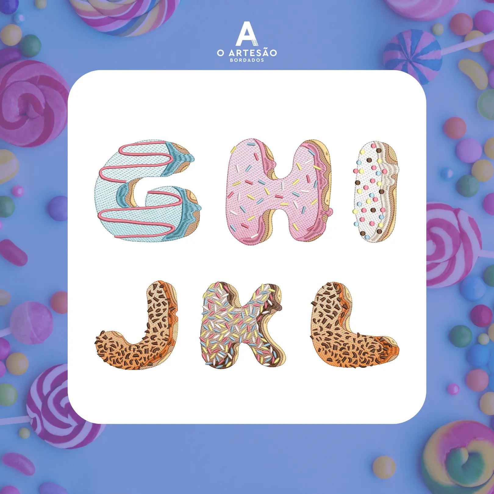 Pacote de Matrizes de Bordado Alfabeto Confeitaria G H I J K L em fundo de doces