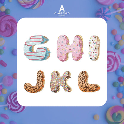 Pacote de Matrizes de Bordado Alfabeto Confeitaria G H I J K L em fundo de doces