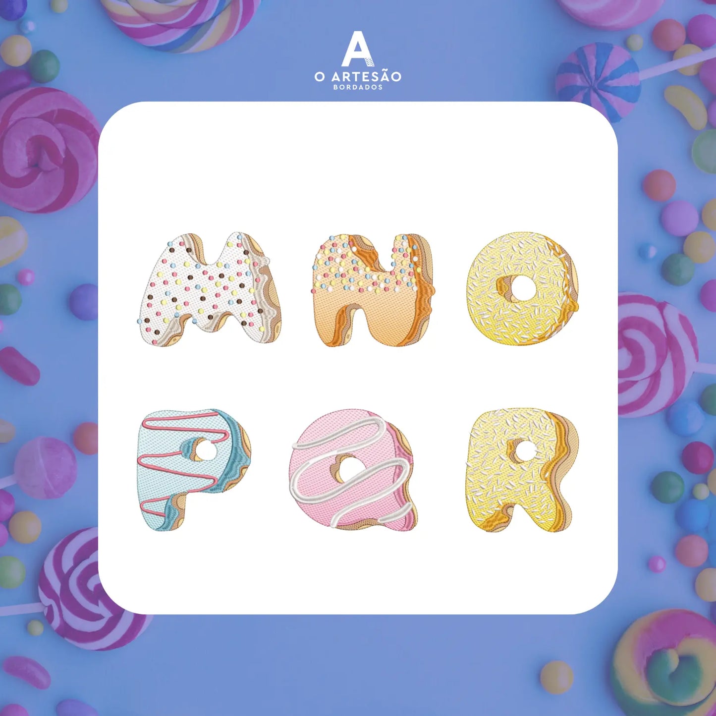 Pacote de Matrizes de Bordado Alfabeto Confeitaria M N O P Q R em fundo de doces