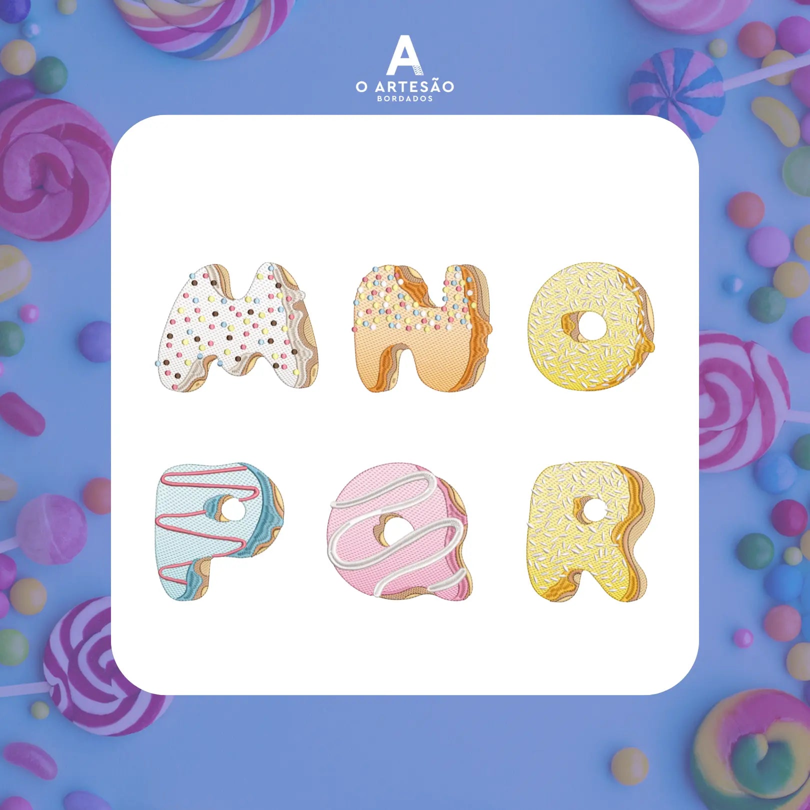 Pacote de Matrizes de Bordado Alfabeto Confeitaria M N O P Q R em fundo de doces