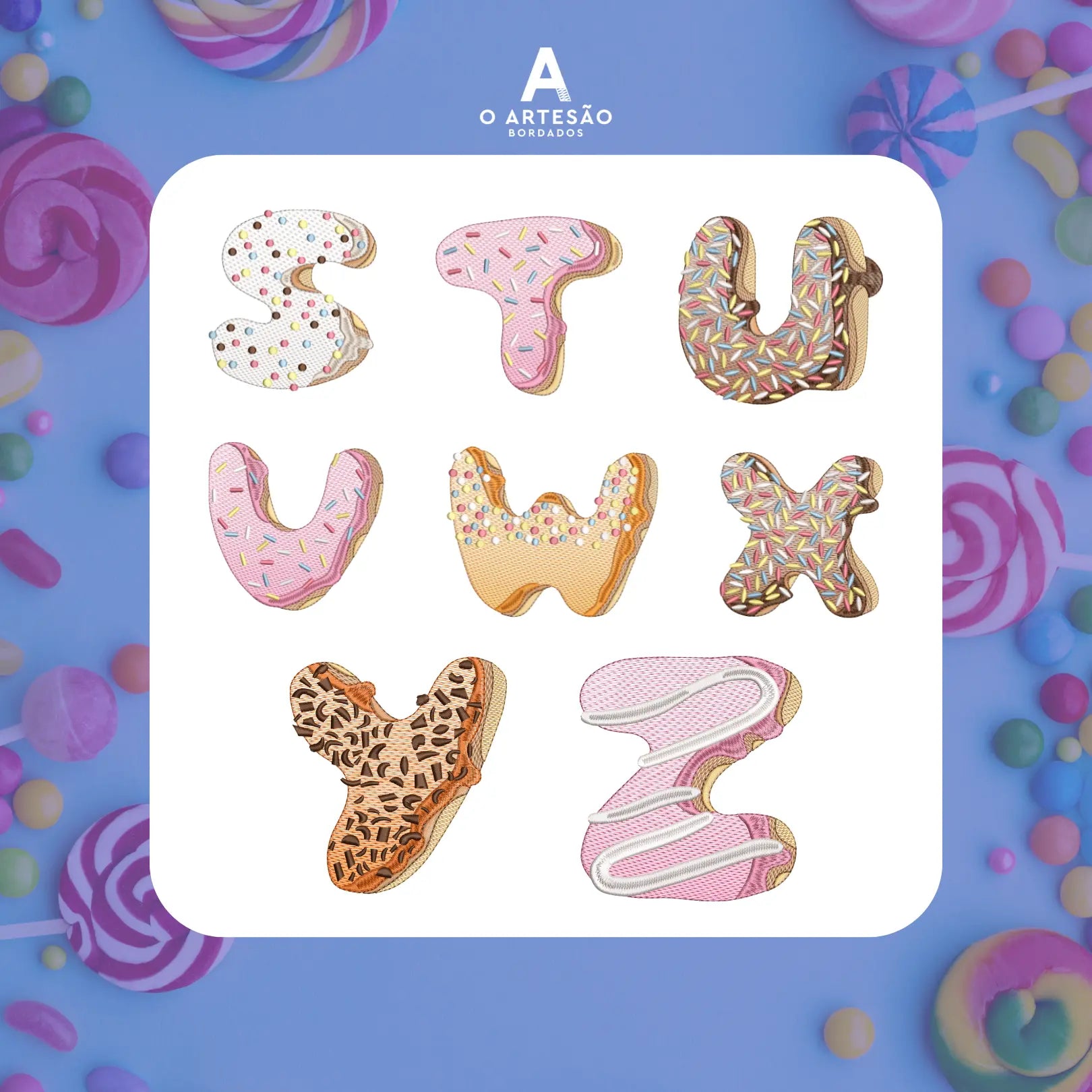 Pacote de Matrizes de Bordado Alfabeto Confeitaria S T U V W X Y Z em fundo de doces