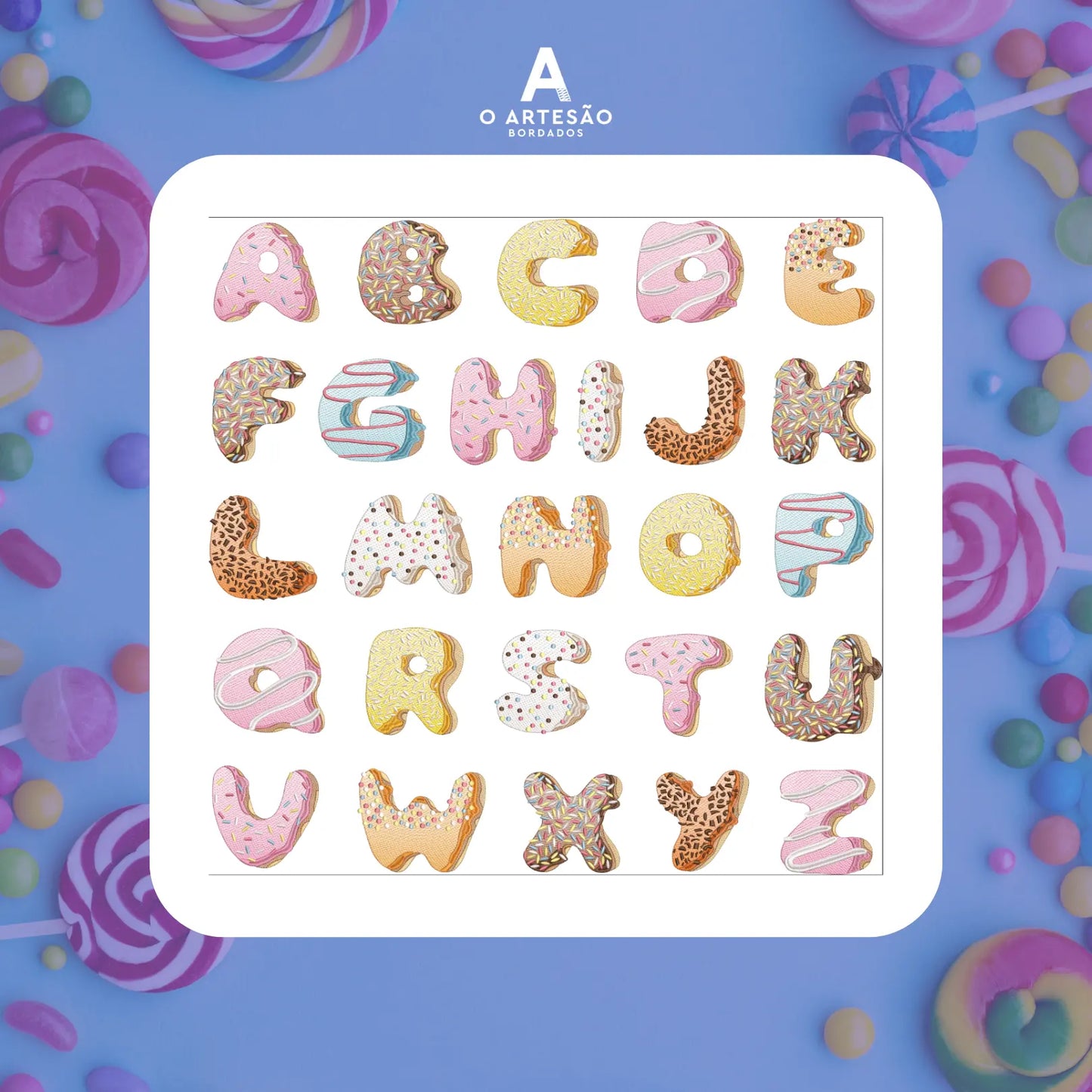 Pacote de Matrizes de Bordado Alfabeto Confeitaria em fundo de doces