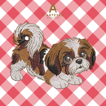 Matriz de bordado Shih Tzu Fofinho Puxando Pano com Fundo Xadrez Vermelho
