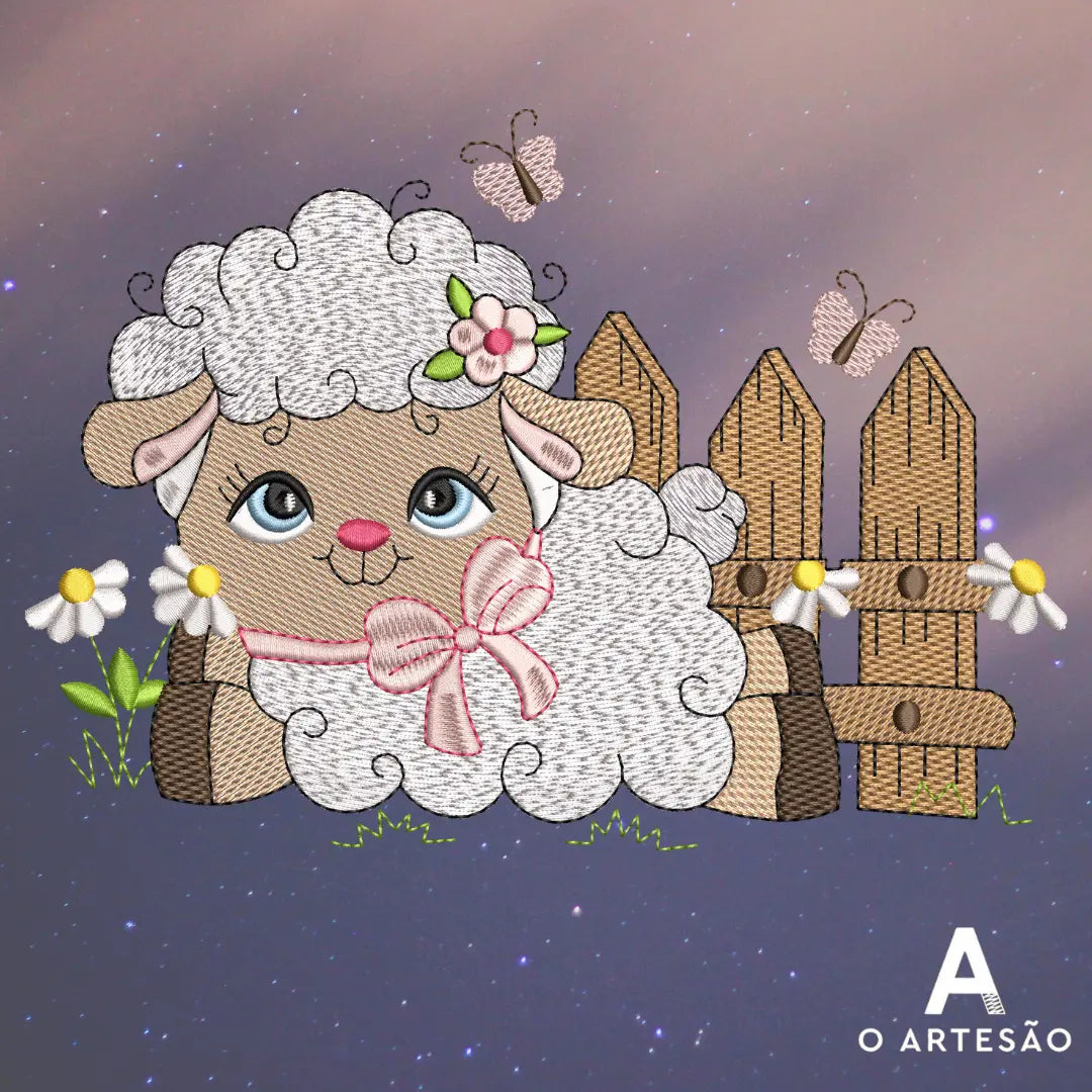 Matriz de Bordado Ovelhinha Peluda Deitada no Jardim com fundo decorado