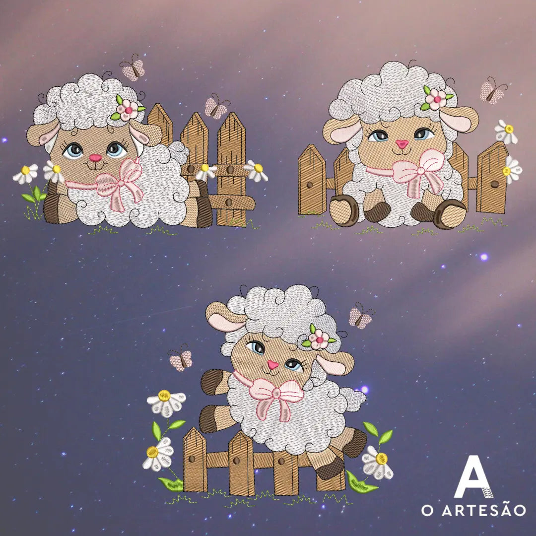Pacote de Matrizes de Bordado Infantil Ovelhinha Peluda em fundo decorado