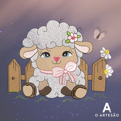 Matriz de Bordado Ovelhinha Peluda Sentada no Jardim com fundo decorado