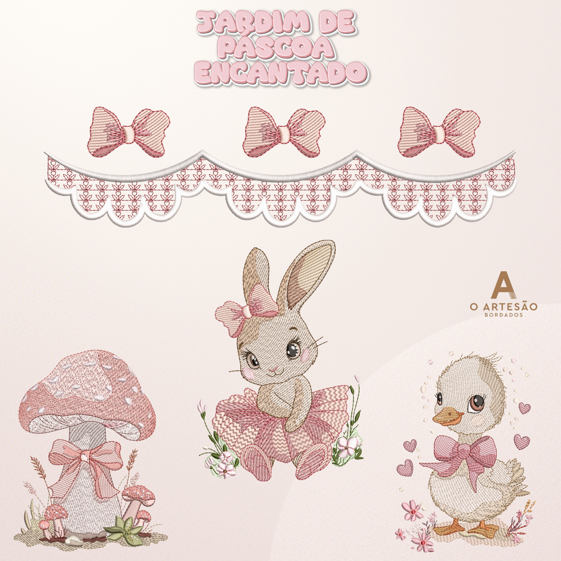 Matrizes de Bordado Páscoa Jardim Encantado com fundo rosa simples.
