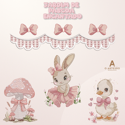 Matrizes de Bordado Páscoa Jardim Encantado com fundo rosa simples.