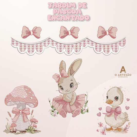 Matrizes de Bordado Páscoa Jardim Encantado com fundo rosa simples.