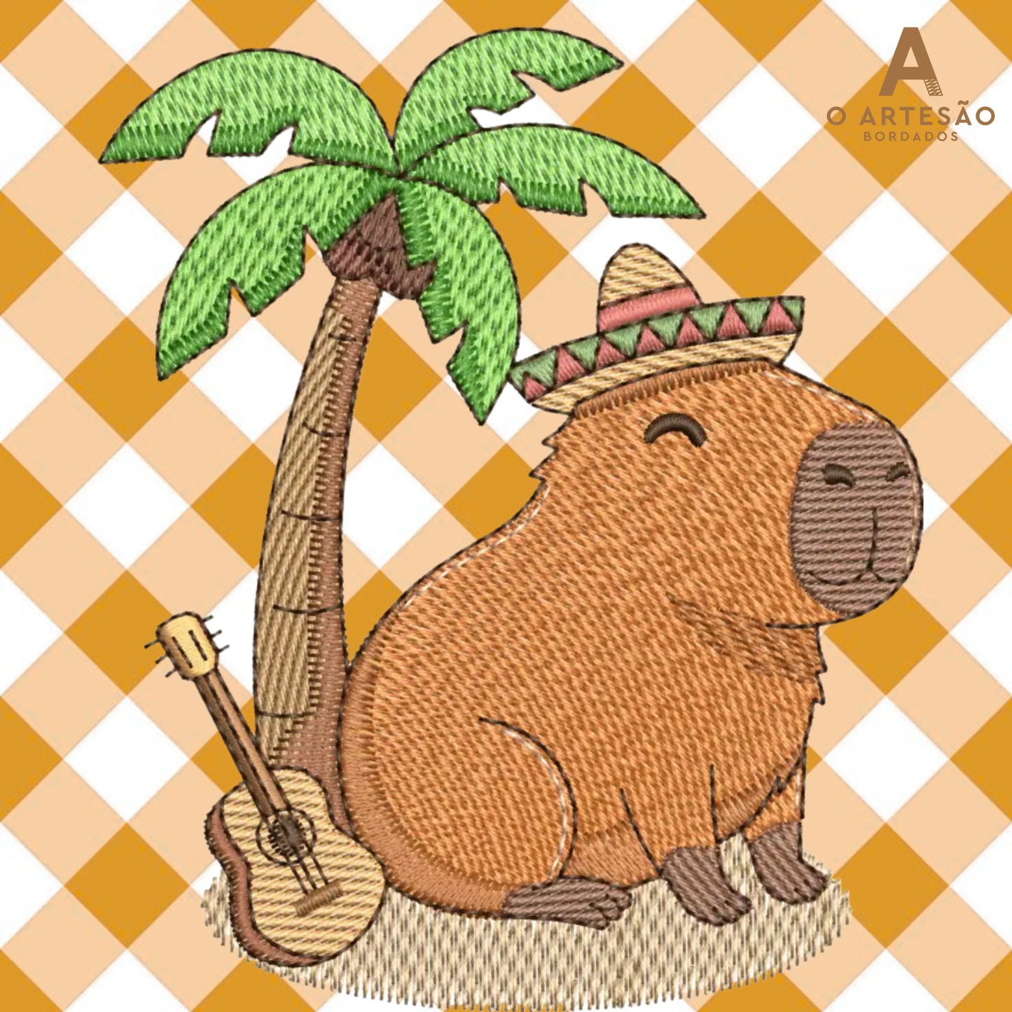 Matriz de Bordado Capivarinha Musical  com fundo Xadrez Laranja