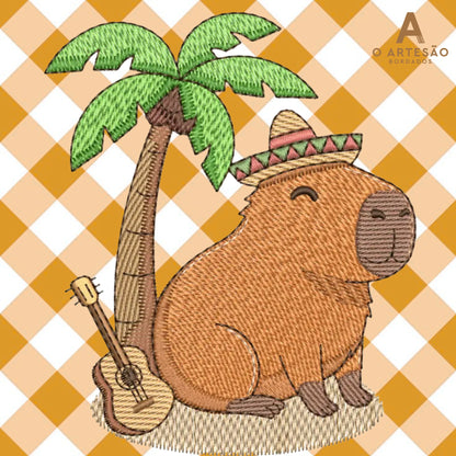 Matriz de Bordado Capivarinha Musical  com fundo Xadrez Laranja