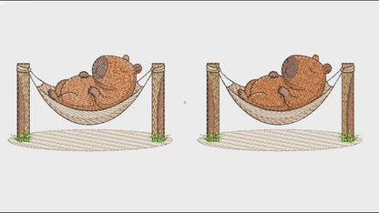 Matriz de Bordado de Cozinha Capivarinha Dorminhoca Puxando Pano de Prato — Projeto — Download Imediato