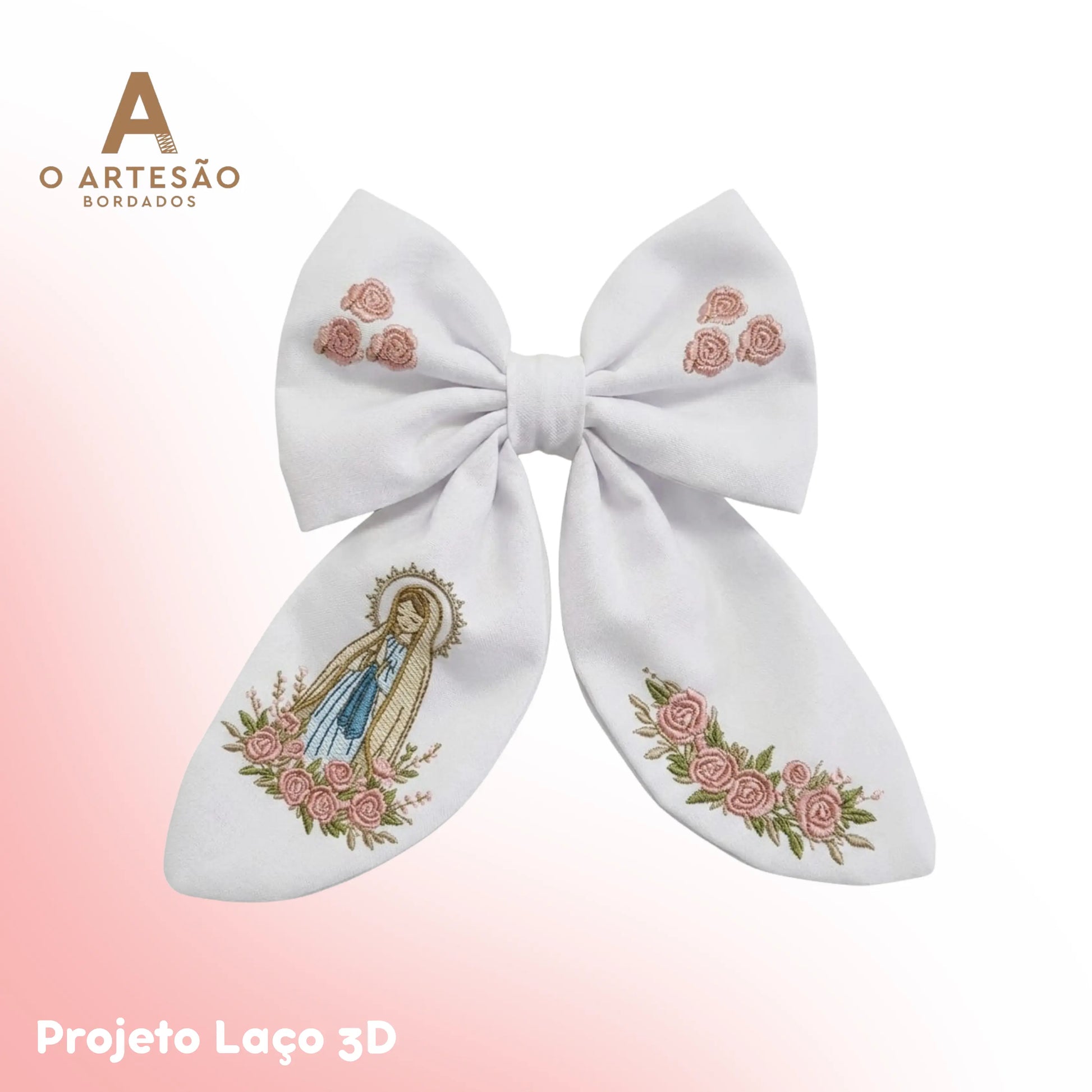 Laço Branco 3D Nossa Senhora em Fundo Rosa Claro e Branco