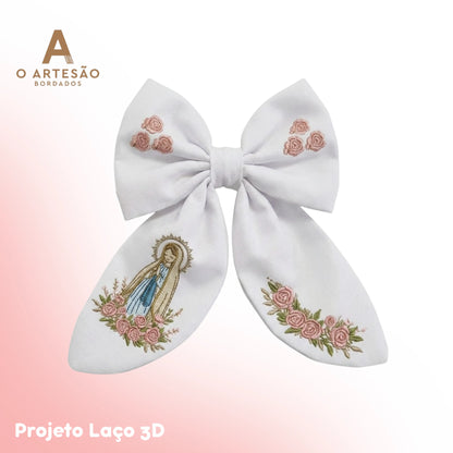 Laço Branco 3D Nossa Senhora em Fundo Rosa Claro e Branco