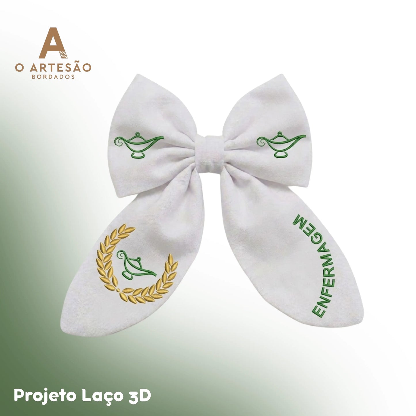 Projeto Laço 3D Branco Enfermagem com Fundo Branco com Verde Escuro